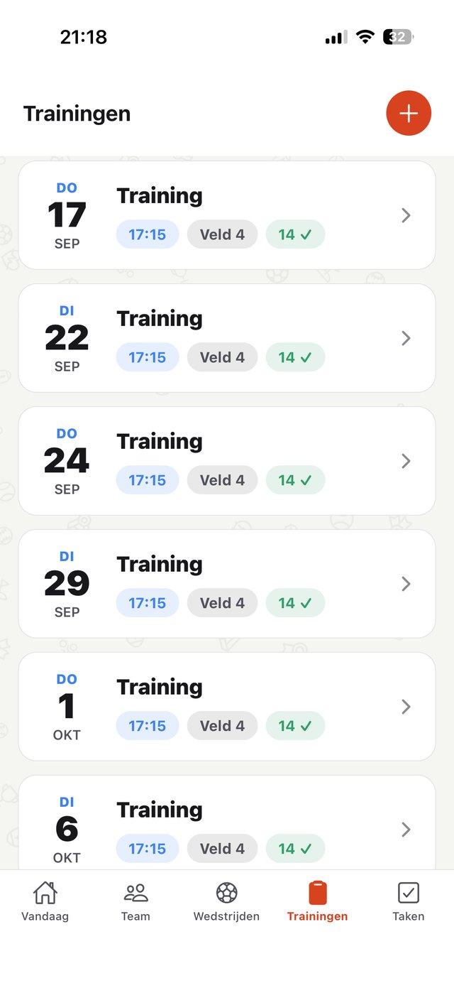 Trainings overview with recurring schedule and attendance