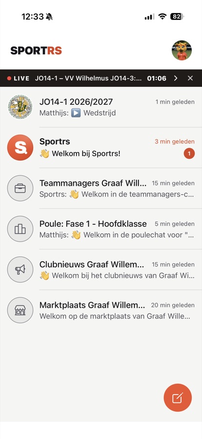 Chat overview with team, club and league chats