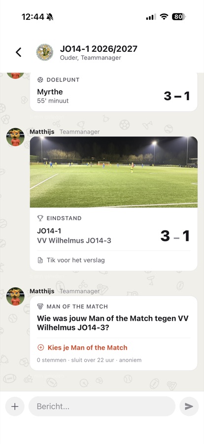 Final score with photo and Man of the Match vote in the team chat