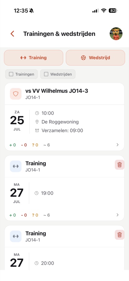 Trainings and matches in the calendar