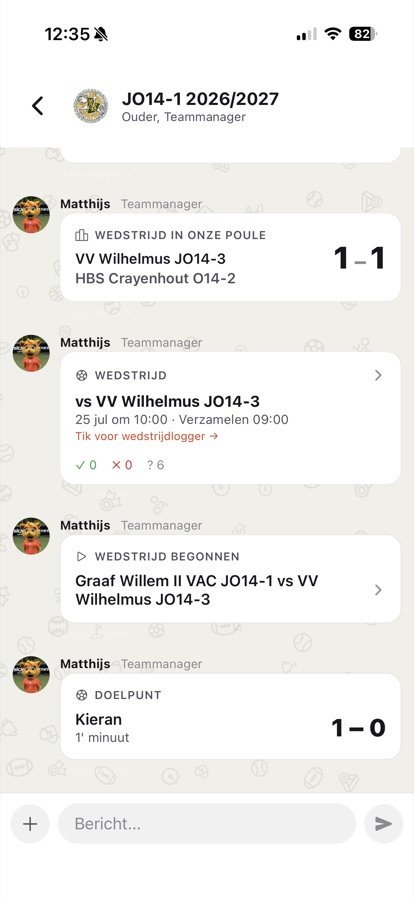 Team timeline with match events and results